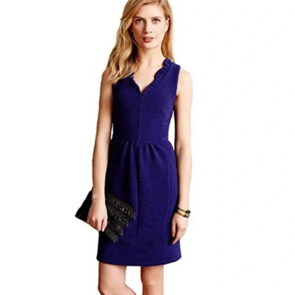 Maeve Ruffled Ottoman Dress Anthropologie Blue Sleeveless Sheath Ribbed Size L